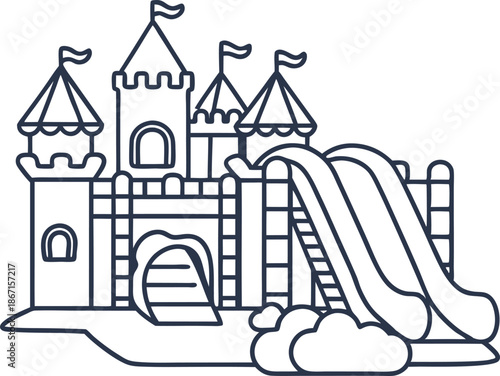 Children's playground castle with slide and flags on towers for outdoor fun and play