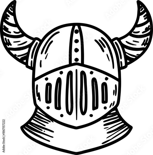 Medieval helmet with horns engraved design, warrior armor head protection line drawing