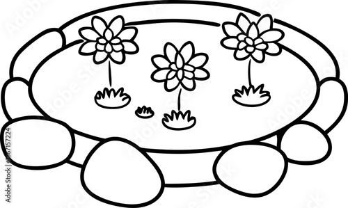 round flower bed with flowers and surrounding stones outline drawing