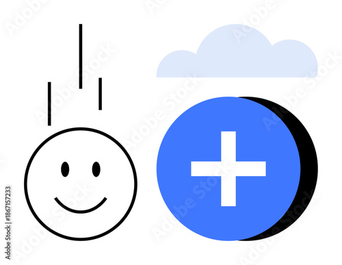 Positive emotion. Positive symbols happiness in technology and collaboration. Positive emotion in task addition, cloud storage, and productivity. For apps, teamwork tools, and technology branding