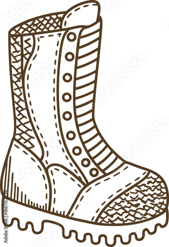 Military combat boot detailed illustration with rugged sole and lacing eyelets