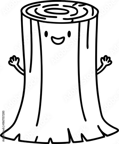 Happy tree stump character smiling with raised arms and simple line art