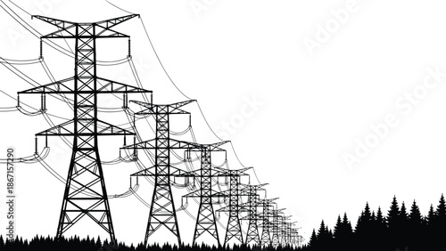 Row of high voltage power transmission towers with overhead lines silhouette stretching into distance above forest landscape isolated on white background