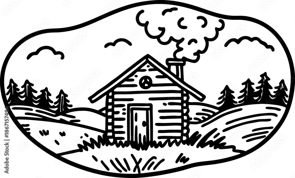 Obraz premium Cozy log cabin with smoke from chimney in peaceful countryside landscape with hills and pine trees
