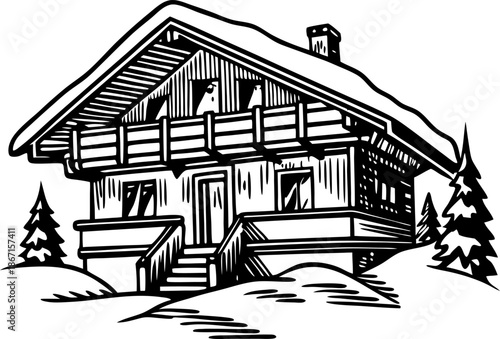 Chalet house with snow covered roof and trees in winter mountain landscape