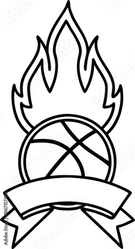 Basketball with flames and blank ribbon emblem outline design for sports and competition