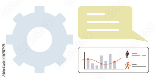 Business analytics, process optimization, team collaboration, data management, technology insights, workflow improvements. Gear icon, speech bubble graph with data. Business analytics and process