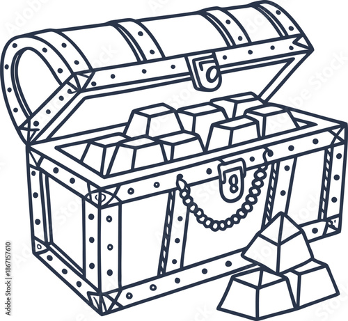 Open treasure chest filled with gold bars and pyramid stacks illustration