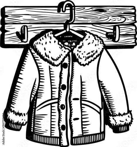 Winter coat with fur collar and cuffs hanging on wooden wall hooks