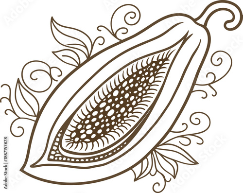 Hand drawn papaya fruit half with seeds and decorative floral swirls illustration