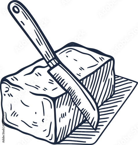 Butter slab with spreading knife on paper wrapper dairy product illustration for breakfast and cooking