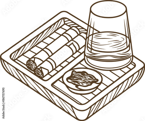 Cigar glass and ashtray on wooden tray classic drink setup with rolled cigars, whiskey glass, and smoking accessories