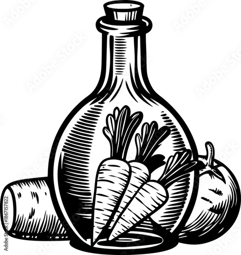 Vintage illustration of a glass bottle containing carrots with an onion and a log beside it