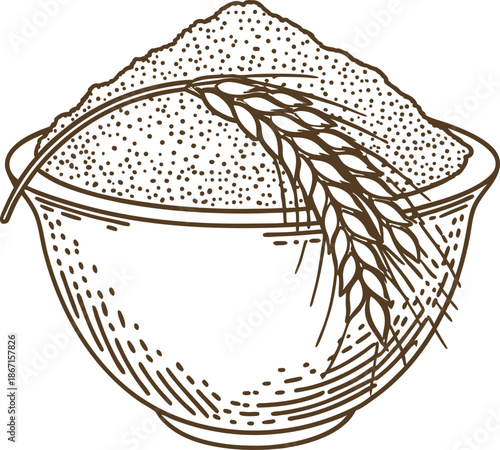 Bowl of flour with wheat ear grain ingredient for baking and cooking, organic cereal food