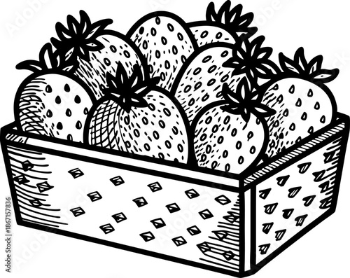 Basket of fresh strawberries with leaves, summer fruit, healthy natural food illustration