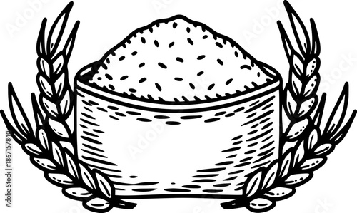 Bowl of flour with wheat ears illustration, baking ingredient sketch