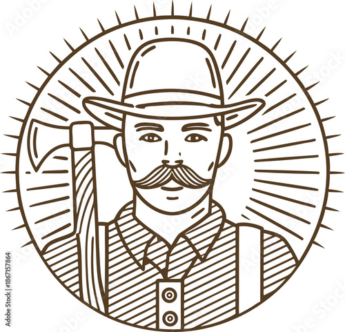Lumberjack with axe and mustache wearing hat and suspenders, vintage outdoorsman illustration