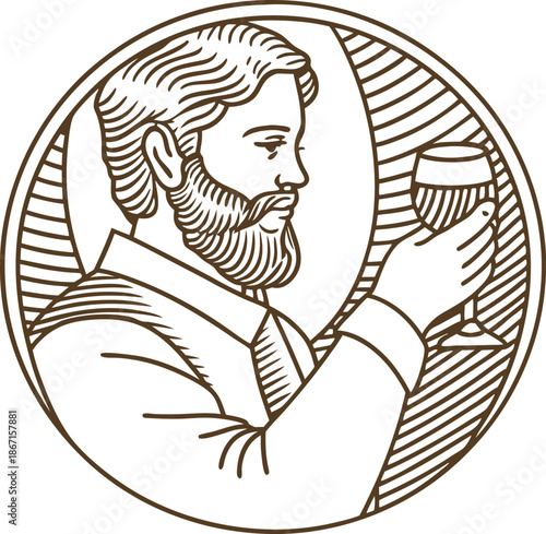 Man with beard raising glass of wine, vintage illustration in circular frame