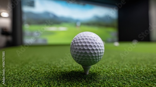 Close-up of a white golf ball on a tee inside a high-tech indoor golf simulator facility