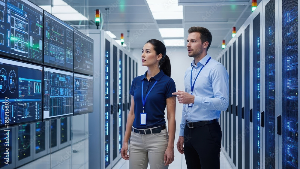 Fototapeta premium Computer database technology success cloud deep teamwork system hardware concept administrator female male laptop network working server technician cabinet engineer holding industry information