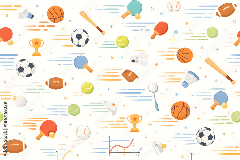 Seamless pattern featuring a variety of sports equipment like balls, rackets, and trophies on a light background with abstract lines.