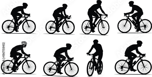 Cyclist silhouettes collection showing road cycling riding poses isolated on white background bicycle sport fitness action illustration vector set