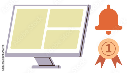 Notifications, reminders, achievement systems, digital rewards, user interfaces, communication. A computer monitor, notification bell and award ribbon. Notifications and achievement systems concept