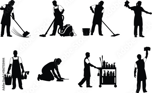 Cleaning staff performing various tasks, janitorial services, housekeeping activities, professional hygiene work scenes, flat vector illustration