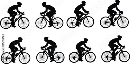 Cyclist silhouettes collection, road bicycle racing poses, athletic riders pedaling fast, black cycling figures isolated on white background vector illustration