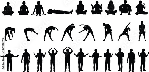 Set of human yoga and stretching pose silhouettes showing seated, standing, and exercise movements isolated on white background for fitness design