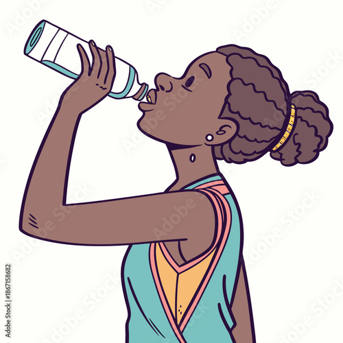 Stylish vector graphic of a thirsty young woman drinking clean water, concept of healthy lifestyle and daily hydration isolated on white background