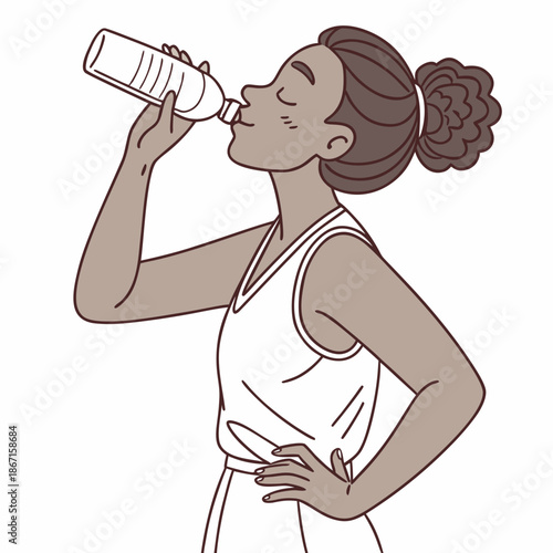 Minimalist vector illustration of a young healthy woman drinking water from a glass, isolated on white background, concept of hydration and wellness