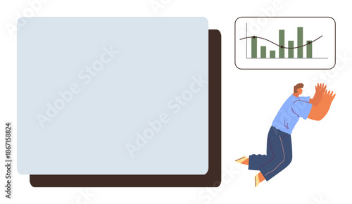 Business insights, data analytics, growth strategy, information tracking, workflow management, productivity tools. Person holding large notepad with graph and bar chart. Data analytics and growth