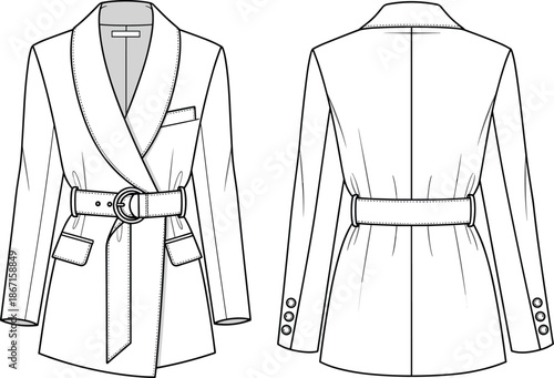 Women belted blazer jacket fashion flat sketch showing front and back views isolated on white background for elegant outerwear design