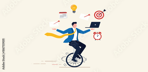 A businessman riding a unicycle while holding a laptop and surrounded by business icons