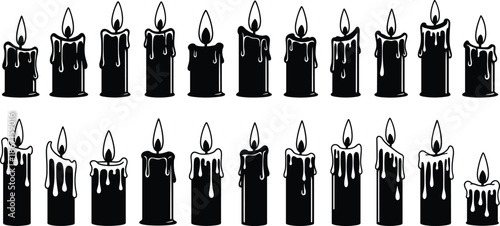 Melting candle silhouettes collection, burning wax drips flames, black candles isolated on white background for halloween gothic illustration vector design