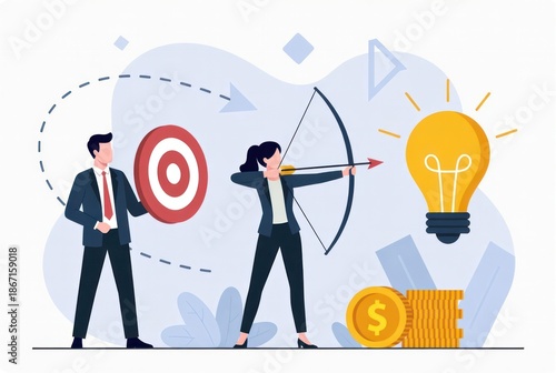 Business Strategy Concept Featuring Archery, Target, Idea Light Bulb, and Money Symbols for Success and Achievement Representation