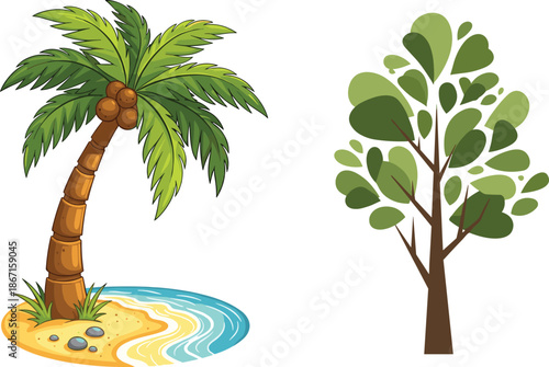 Coconut palm tree, deciduous tree, tropical beach, green foliage, abstract leaves, nature design, eco concept, coastal tree, stylized illustration