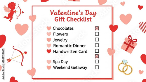 Valentine's day gift checklist with hearts and cupid on white background for romantic occasions and celebrations with Valentine s Day and love