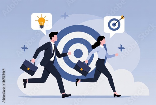 Business Professionals Running Towards Success with Target and Ideas Illustrations on a Soft Background