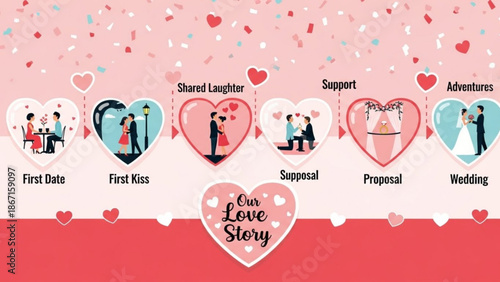 Our love story milestones infographic with couples dating and wedding stages with romantic stages and relationship milestones and heart and valentines day