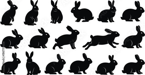 Rabbit silhouettes collection showing multiple poses isolated on white background cute animal illustration vector design set black bunny wildlife graphic