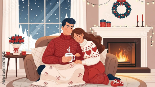Couple sitting on couch by fireplace with christmas decorations enjoying hot drinks on snowy winter night with holiday and romance and love and cozy