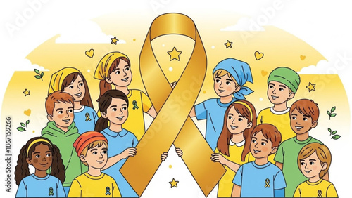Diverse group of children wearing colorful shirts and headbands holding a large gold awareness ribbon surrounded by stars and leaves on a yellow background
