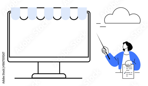Person pointing at cloud near monitor with storefront top, holding paper. Ideal for online business, e-commerce, digital marketing, teaching, presentations, cloud technology, simple flat metaphor