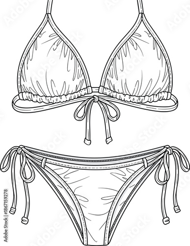 Women bikini swimwear fashion flat sketch showing top and bottom pieces isolated on white background for summer beachwear design
