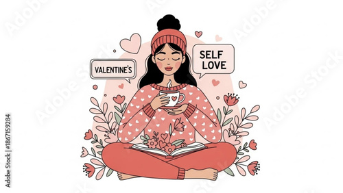Woman sitting cross legged with a cup of coffee and a book surrounded by flowers and hearts on valentine's day for self love and relaxation with valentine s day
