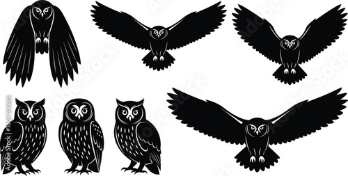 Owl silhouettes collection featuring flying landing perched poses isolated on white background nocturnal bird wildlife illustration vector set design