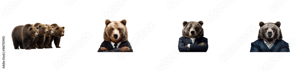 Fototapeta premium Powerful imagery of wild brown bears alongside sophisticated business bears in suits symbolizing market trends, financial strategies, and investment concepts for corporate use