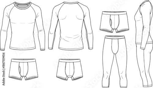 Men thermal underwear set fashion flat sketch showing top and bottom garments with multiple views isolated on white background